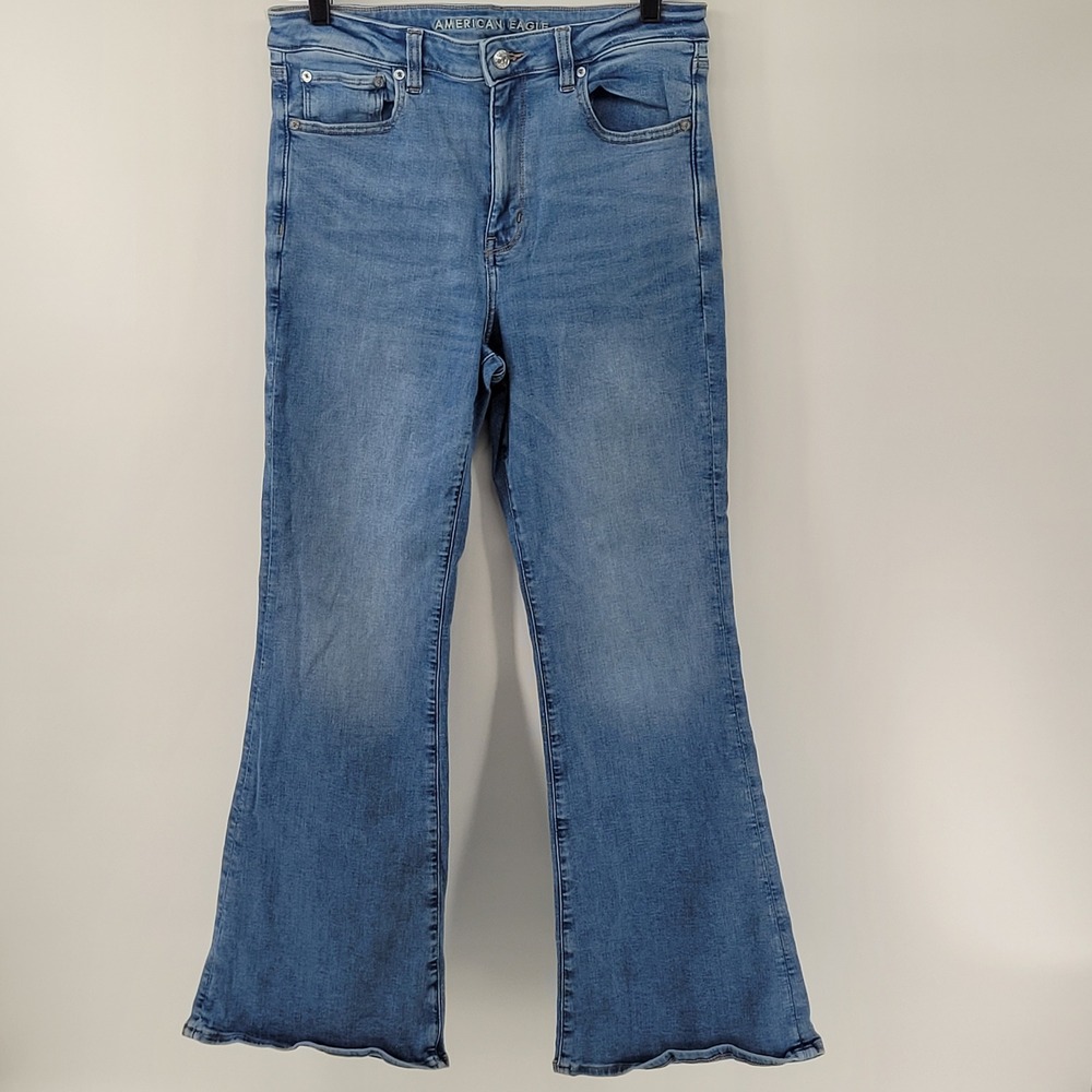 American Eagle Super Hi-Rise Flare Jeans Womens 12 Blue Stretch Denim Regular‎